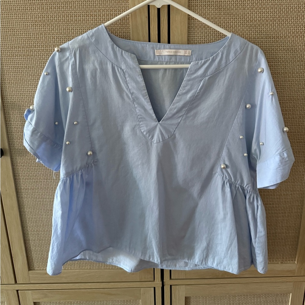 Zara Blue Pearl-Embellished Women's Top